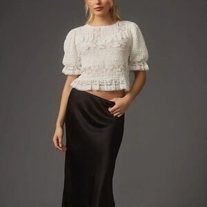 By Anthropologie Ruffled White Lace Puff Sleeve Top